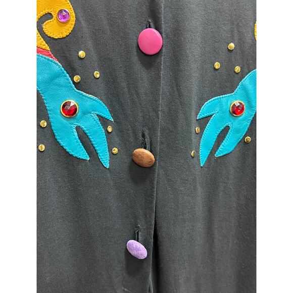 VTG Philip Noel 80's Blk Jumpsuit O/S Abstract Leather Applique Artsy Deadstock - Picture 7 of 10